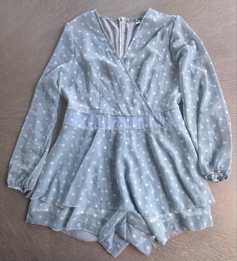Fashion Collection Pastel Baby Blue Polka Dot Faux-Wrap Romper, Size XL